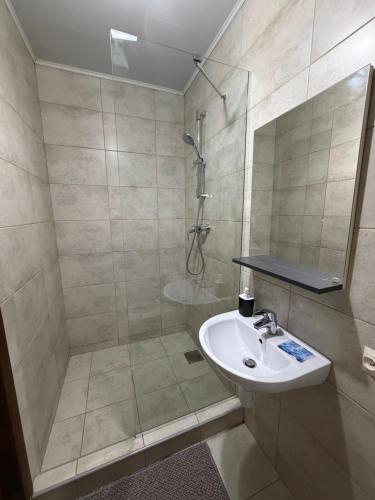 a bathroom with a shower and a white sink at Euro Hotel Hostel in Kovel