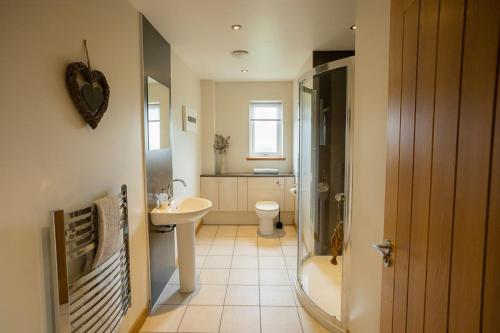 a bathroom with a shower and a sink and a toilet at Nistagar, Harray, Orkney - OR00604F in Harray