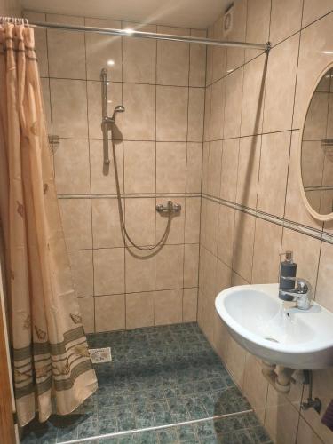a bathroom with a shower and a sink at Vormsi Ohvitseride maja korter nr 6 in Hullo