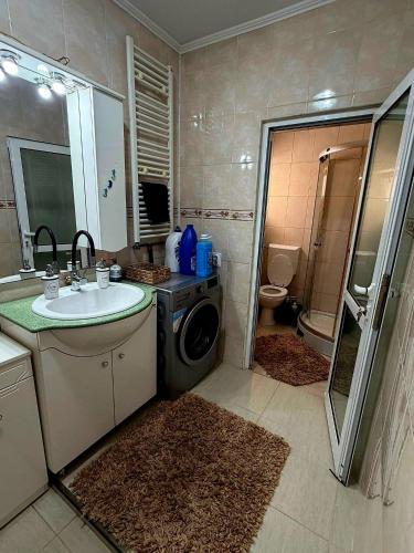 a bathroom with a sink and a washing machine at Casa Elena in Râmnicu Vâlcea
