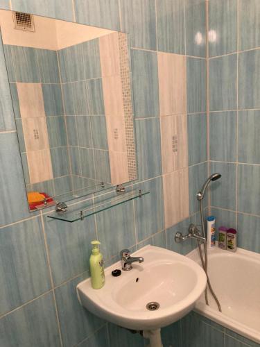 a bathroom with a sink and a mirror and a tub at Apartmány u Arény Ostrava in Ostrava