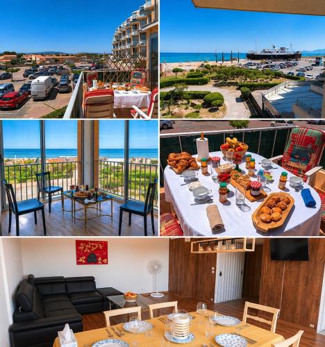 a collage of photos with a table with food and the beach at Le Lydia - Duplex - Vue Mer - Accès direct Plage - Parking - Barbecue in Le Barcarès