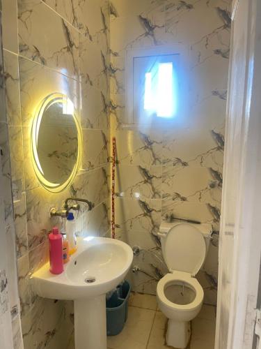 a bathroom with a toilet and a sink and a mirror at chalet ramsis village in Alexandria