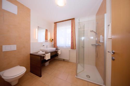 
a bathroom with a toilet, shower, and sink at Gasthof - Landhotel Ernst in Untermühl
