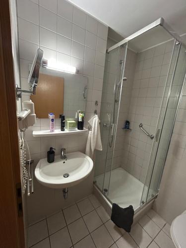 a bathroom with a sink and a shower at Apartment am Christopherhof in Grafenwiesen