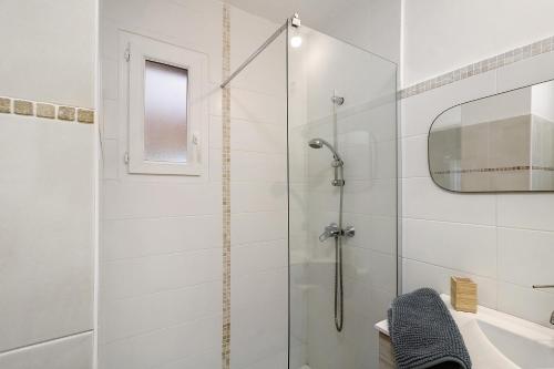 a bathroom with a shower with a glass door at Limbarto - Gîte climatisé au calme in Serra-di-Ferro