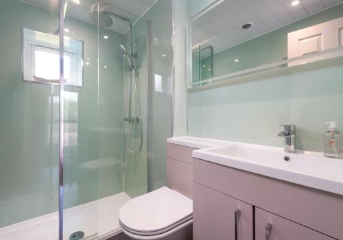a bathroom with a shower and a toilet and a sink at Summerside Cottage in Gullane