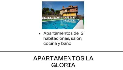 a screenshot of a tweet with a picture of a swimming pool at Apartamentos La Gloria in Santillana del Mar