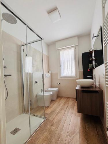 a bathroom with a shower and a toilet and a sink at Bassano Sweet Home in Bassano del Grappa