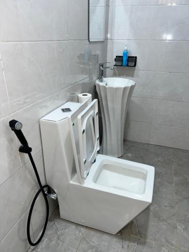 a bathroom with a white toilet and a sink at Rosebank Villas in Luanda