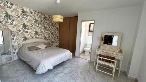 a bedroom with a bed and a mirror and a television at Casa Ghjuvanna 2 chambres in Prunelli-di-Fiumorbo
