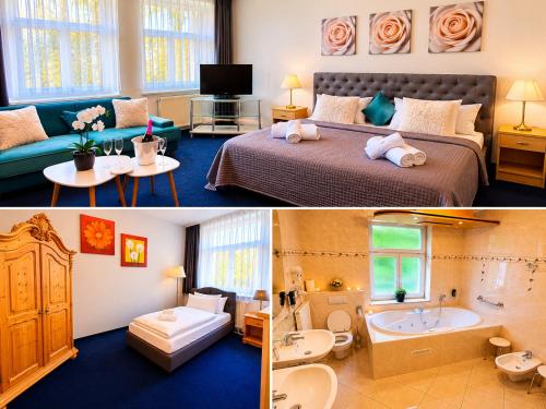 two pictures of a bedroom with a bed and a bathroom at Parkhotel Waldschlösschen in Annaberg-Buchholz