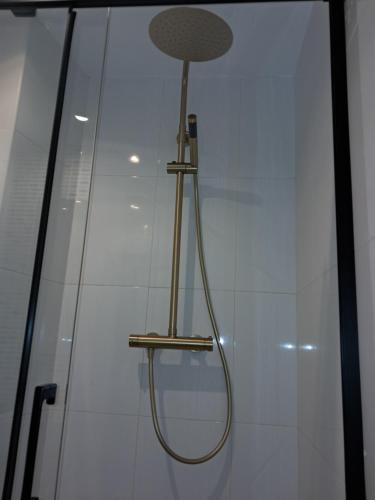 a shower in a room with a glass wall at Apartamento Rúa Centro Balcony Calatayud in Calatayud