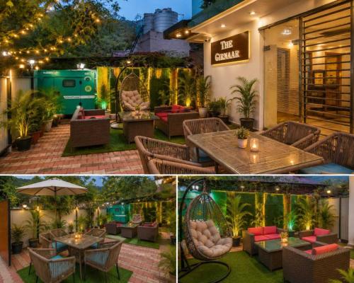 two pictures of a patio with tables and chairs at Hotel The Girnaar Near Valley View Dharampur Kasauli Road in Dharampur