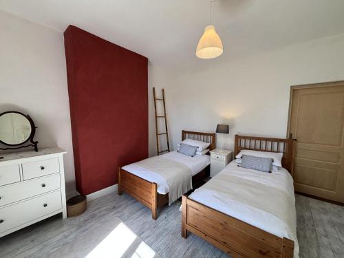 a bedroom with two beds and a dresser and a mirror at Pion La Grange - cottage barn conversion in Castelnau-dʼAuzan