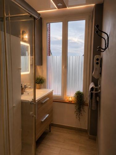 a bathroom with a sink and a large window at Gîte Le Riviéra in Almenêches