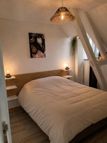 a bed in a room with an attic at Gîte Le Riviéra in Almenêches