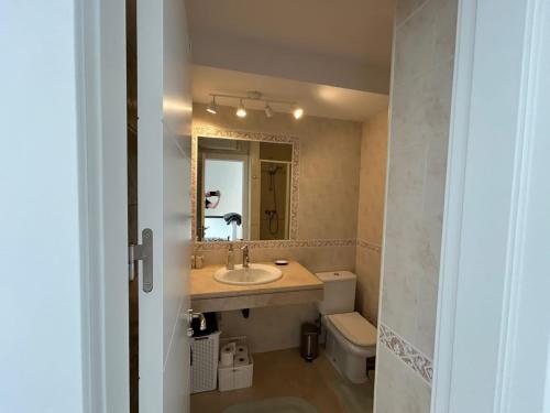a bathroom with a sink and a toilet and a mirror at Casa Tranquila La Duquesa in Manilva