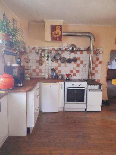 a kitchen with a stove and white appliances at Chez Flo in Lamastre