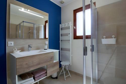 a bathroom with a sink and a shower at Les Anthémis in Gujan-Mestras