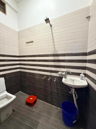 a bathroom with a sink and a toilet at Keshav Vatika Palace - 800 meter Ram Mandir in Ayodhya