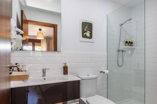 a bathroom with a toilet and a sink and a shower at La Casona de Omaña in Fasgar