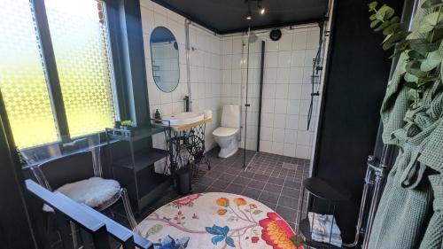 a bathroom with a shower and a sink and a toilet at Dagöholm Gård in Valla