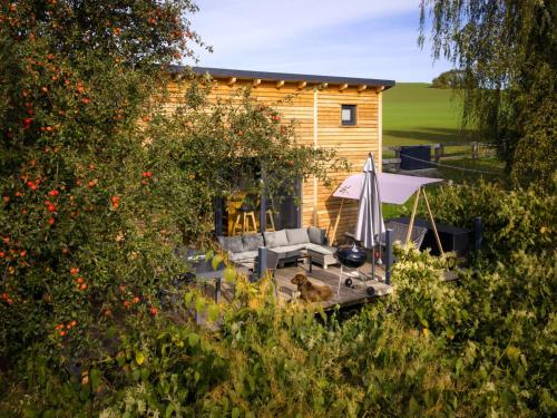 a wooden cabin with a chair and an umbrella at Gemütliches Tiny House zwischen zwei Naturteichen - Kamin, Terrasse & Natur pur in Lauterbach