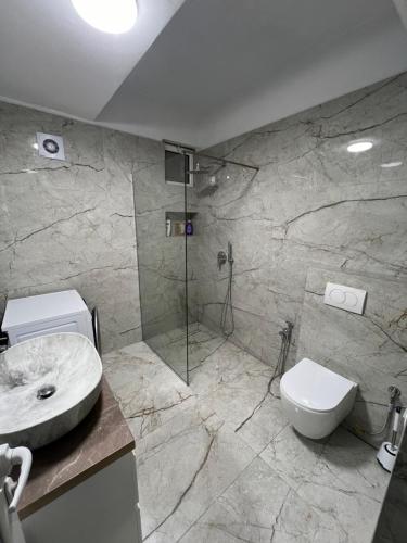 a bathroom with a shower and a toilet and a sink at Lovely 2 bedroom apartment with a great sea view in Sarandë