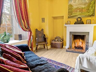 a living room with a couch and a fireplace at Lochside Stable Hse in Town Yetholm