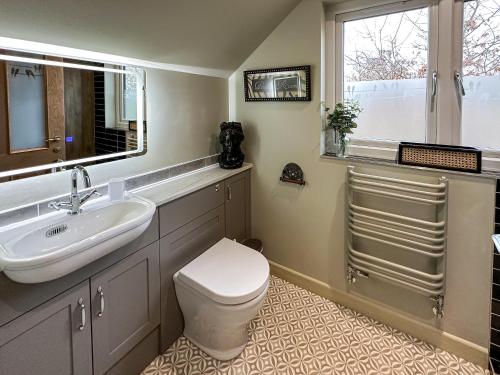 a bathroom with a sink and a toilet and a window at Talltrees - Uk42842 in Uplowman