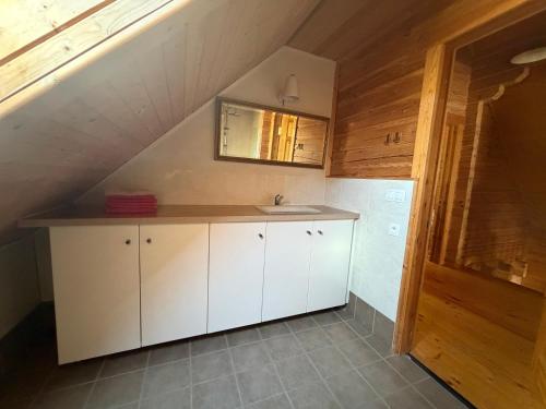 a kitchen with white cabinets and a sink at Au bord du lac III in Montigny-en-Morvan