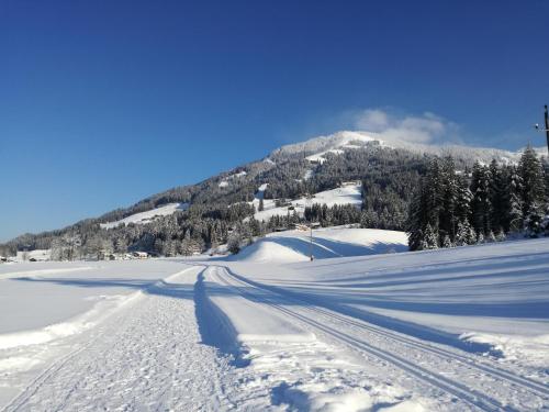 a snow covered road with a mountain in the background at Appartements Oberhauser in Westendorf