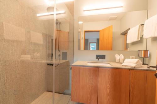 a bathroom with a shower and a sink and a mirror at Chesa Piol in Maloja