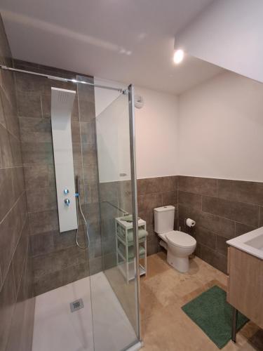 a bathroom with a shower and a toilet at Les Jardins du Bateau in Vals-les-Bains