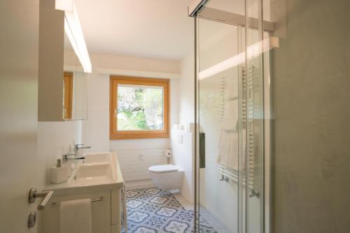 a bathroom with a toilet and a sink and a shower at Chesa Maria 7 in Sils Maria