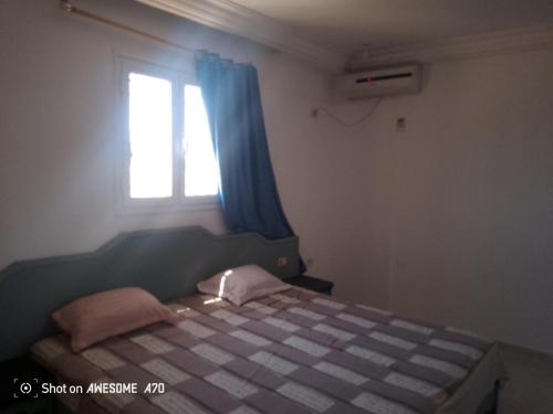 a bedroom with a bed with a blue curtain and a window at villa Flori Midoun in Djerba