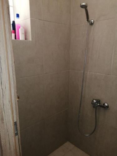 a shower with a shower head in a bathroom at Courtyard Cottage in Athens