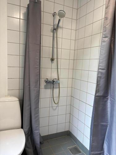 ein Badezimmer mit Dusche und Toilette in der Unterkunft Room for rent Landsbyen in Videbæk