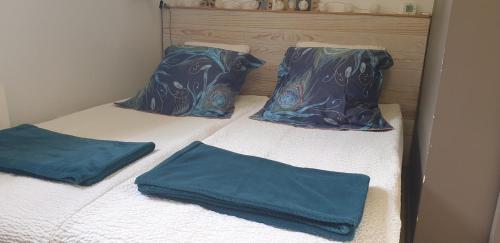 a bed with two blue sheets and pillows on it at Petite chambre confortable vignoble bourguignon in Brochon