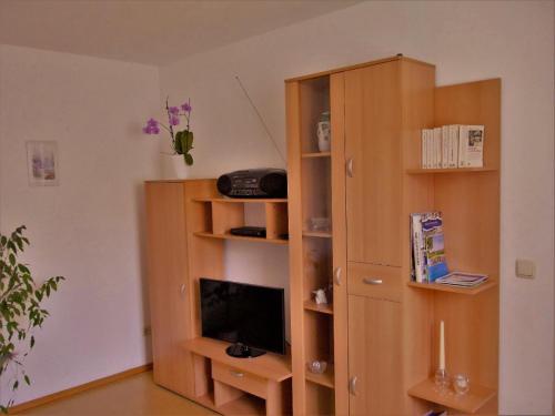 a wooden book shelf with a television in a room at Ferienwohnung Meyer in Schönwald