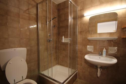 a bathroom with a shower and a toilet and a sink at Garni Neidia in Selva di Val Gardena