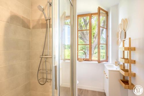 a bathroom with a shower and a sink at Le cadre in Bonnières