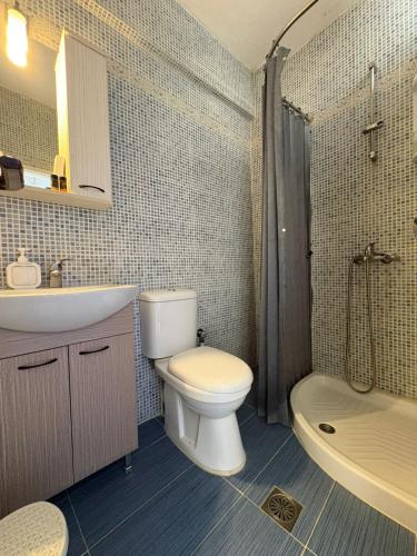 a bathroom with a toilet and a sink and a shower at Keramos in Loutro
