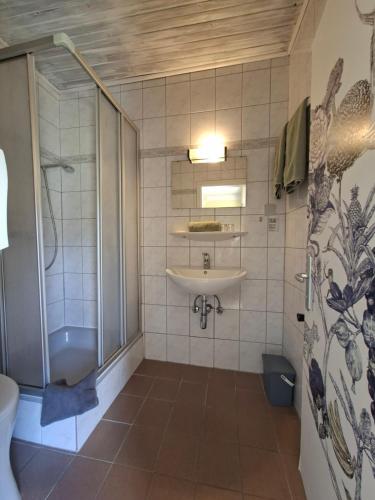 a bathroom with a sink and a shower at GRÜNER HEINRICH - Bett&Frühstück in Oberaichwald
