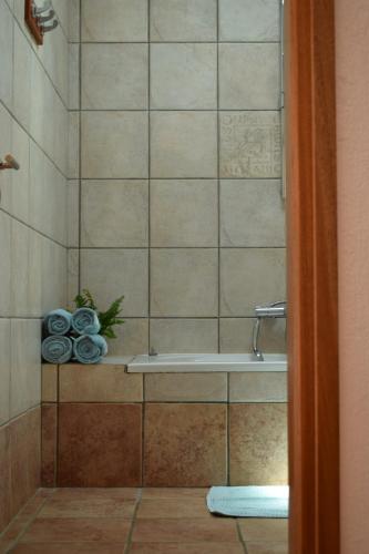 a bathroom with a shower with a sink at Olous Secret Hideaway - Sea View Studio Elounda in Elounda