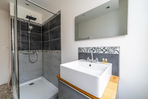 a bathroom with a white sink and a shower at Federer - Dans l'hypercentre de Caen in Caen