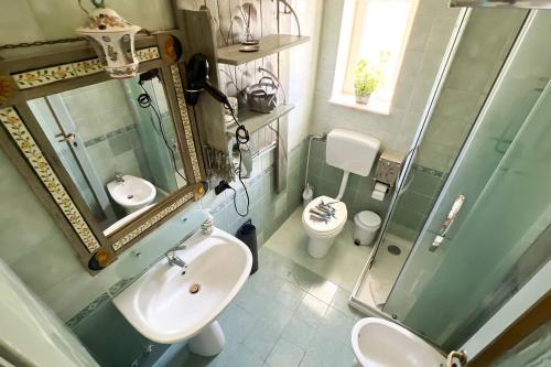 a bathroom with a sink and a toilet and a mirror at Antico Leccio Green in Coppe