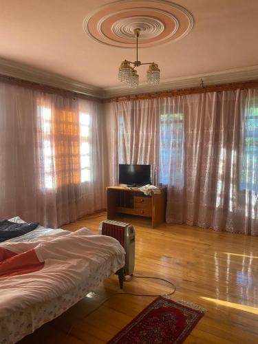 a bedroom with a bed and a tv and curtains at Heritage Garden Villa by Eldar in Ganja