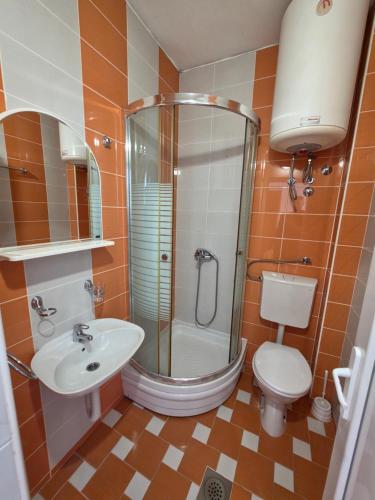 a bathroom with a shower and a toilet and a sink at Apartmani Viki in Sutomore